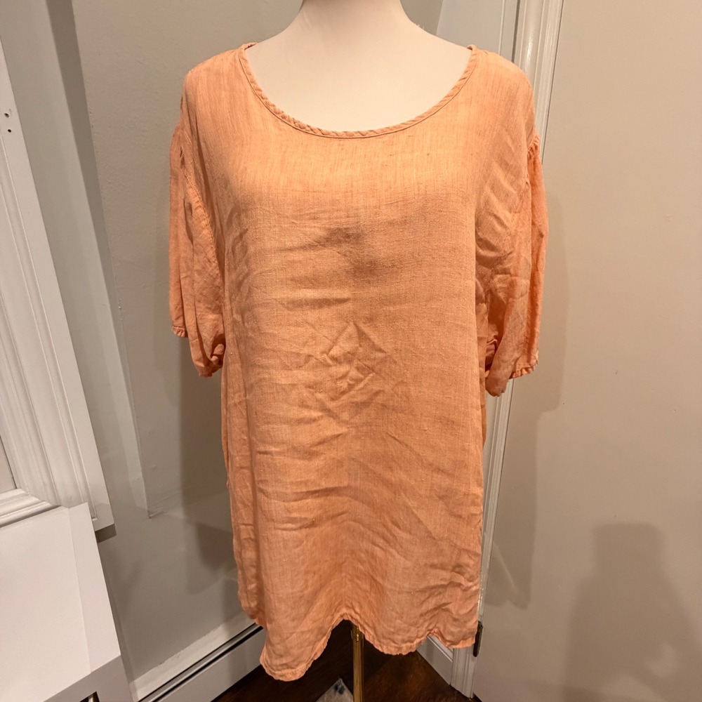 FLAX Peach Linen Short Sleeve Relaxed Tunic Top Breathable Essential | Size L